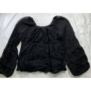 Free People Size L  Black Crochet Trim Boho 100% Rayon Peasant Blouse